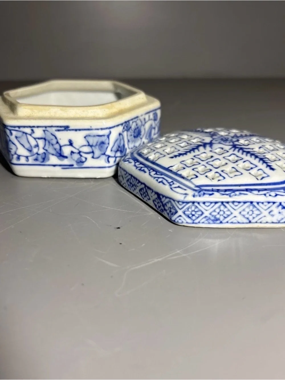 Blue and White Hexagonal Porcelain Storage Box - Decorative Trinket Dish